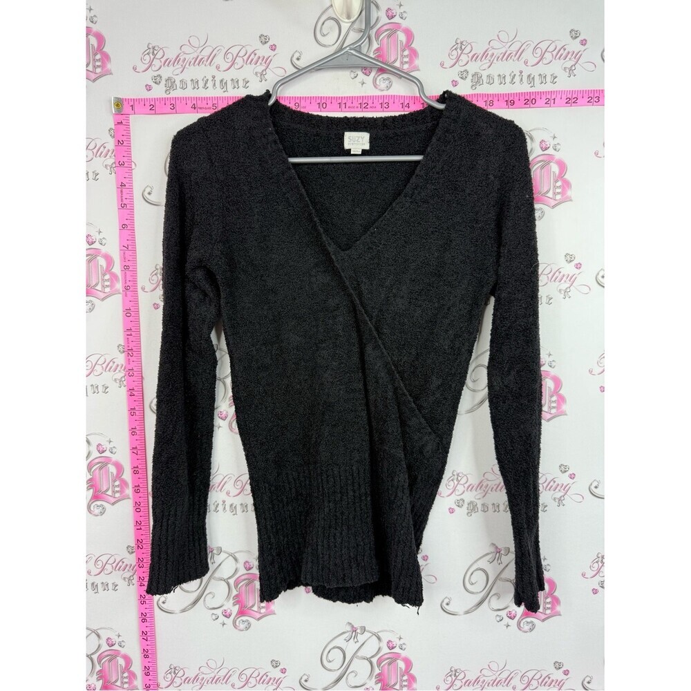 Suzy Shier baby fur top y2k sooo soft Black Wrap-Style V-Neck Sweater